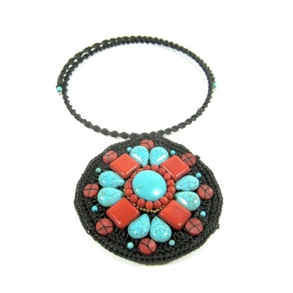 Picture of Circle Choker Weave Turquoise and Red Stone Necklace 