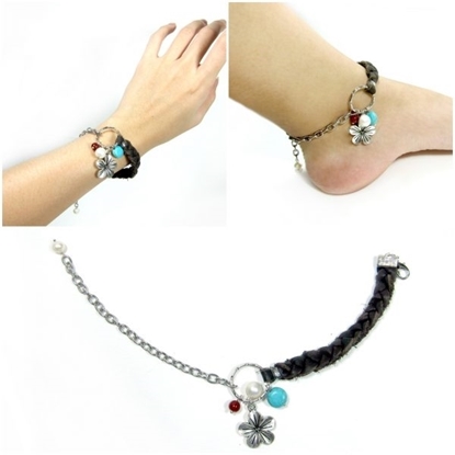 Picture of Plait Leather Anklet and Silver Chain with Beads Stone, Bracelet jewelry, Foot Bracelet, Handmade